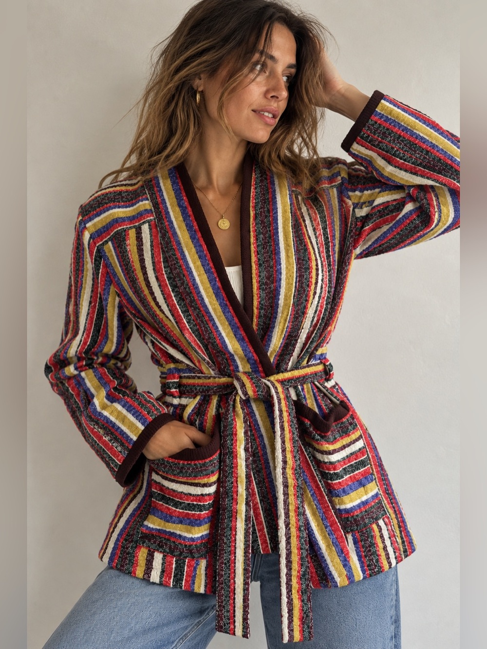 Anthropologie Akemi + Kin Striped Belted Knit Cardigan Sweater Jacket Women’s -S